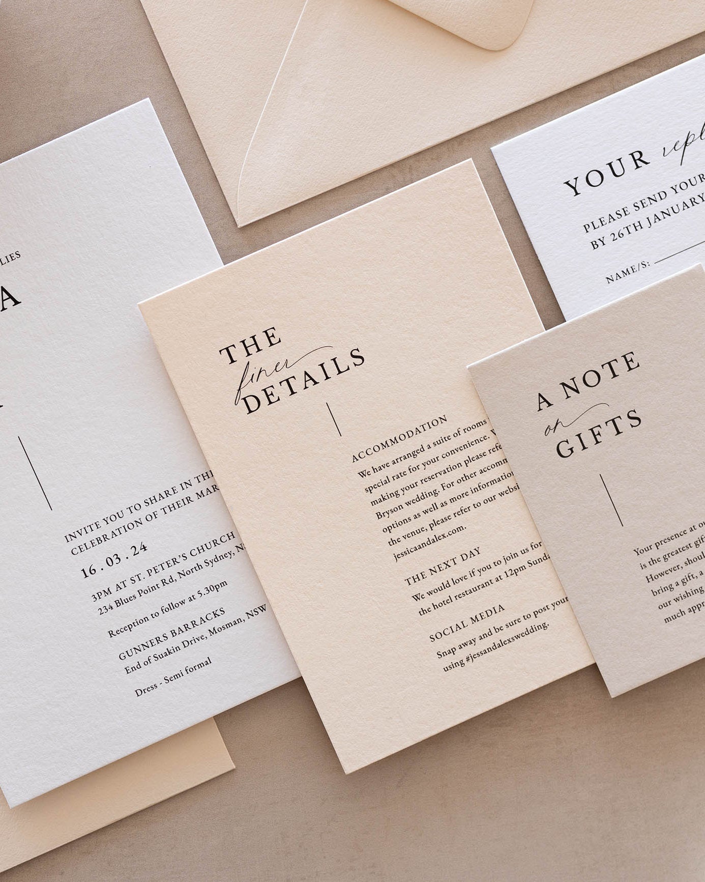 Milan invitation suite flat lay