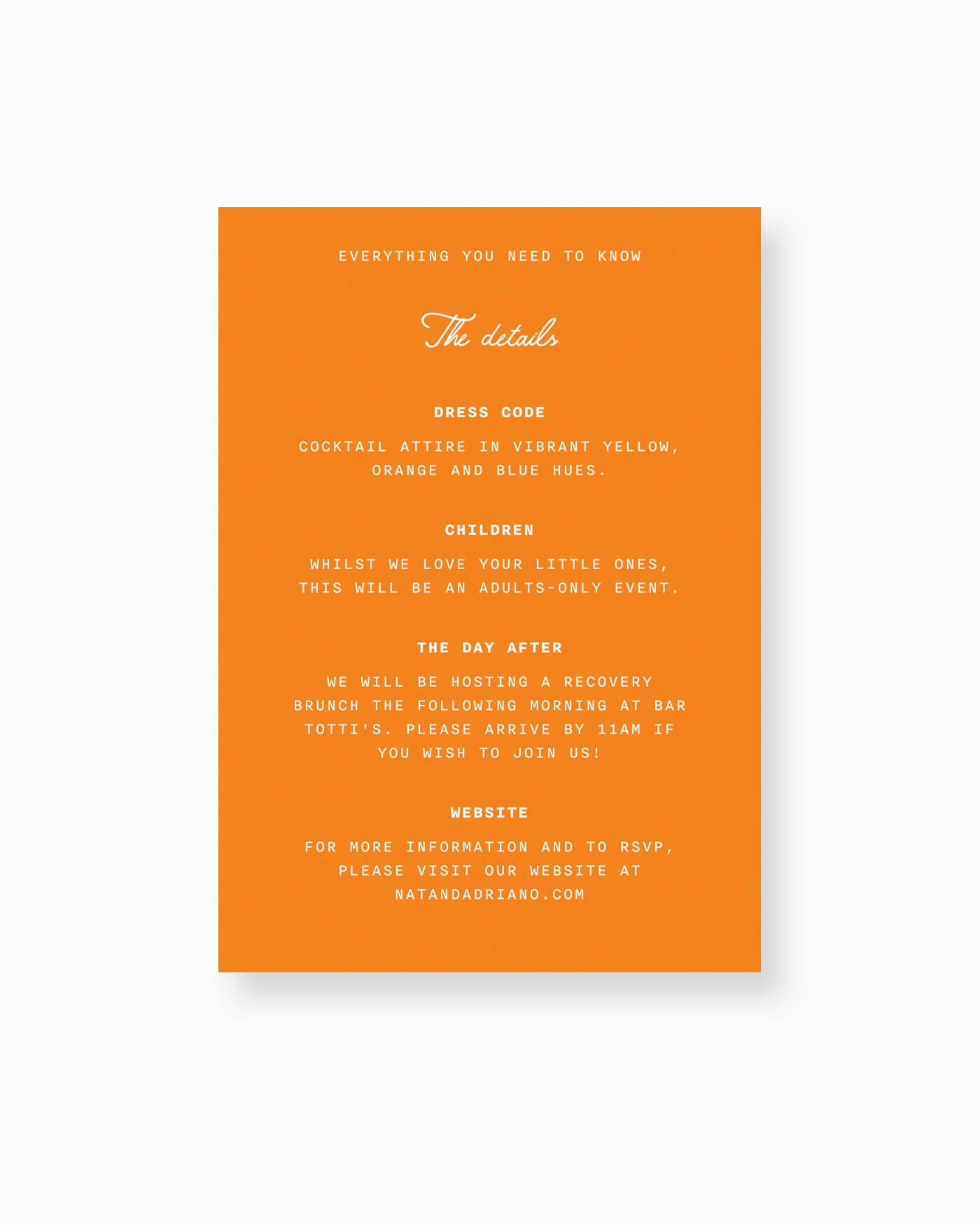 Amalfi Details Card mockup in pumpkin orange and white
