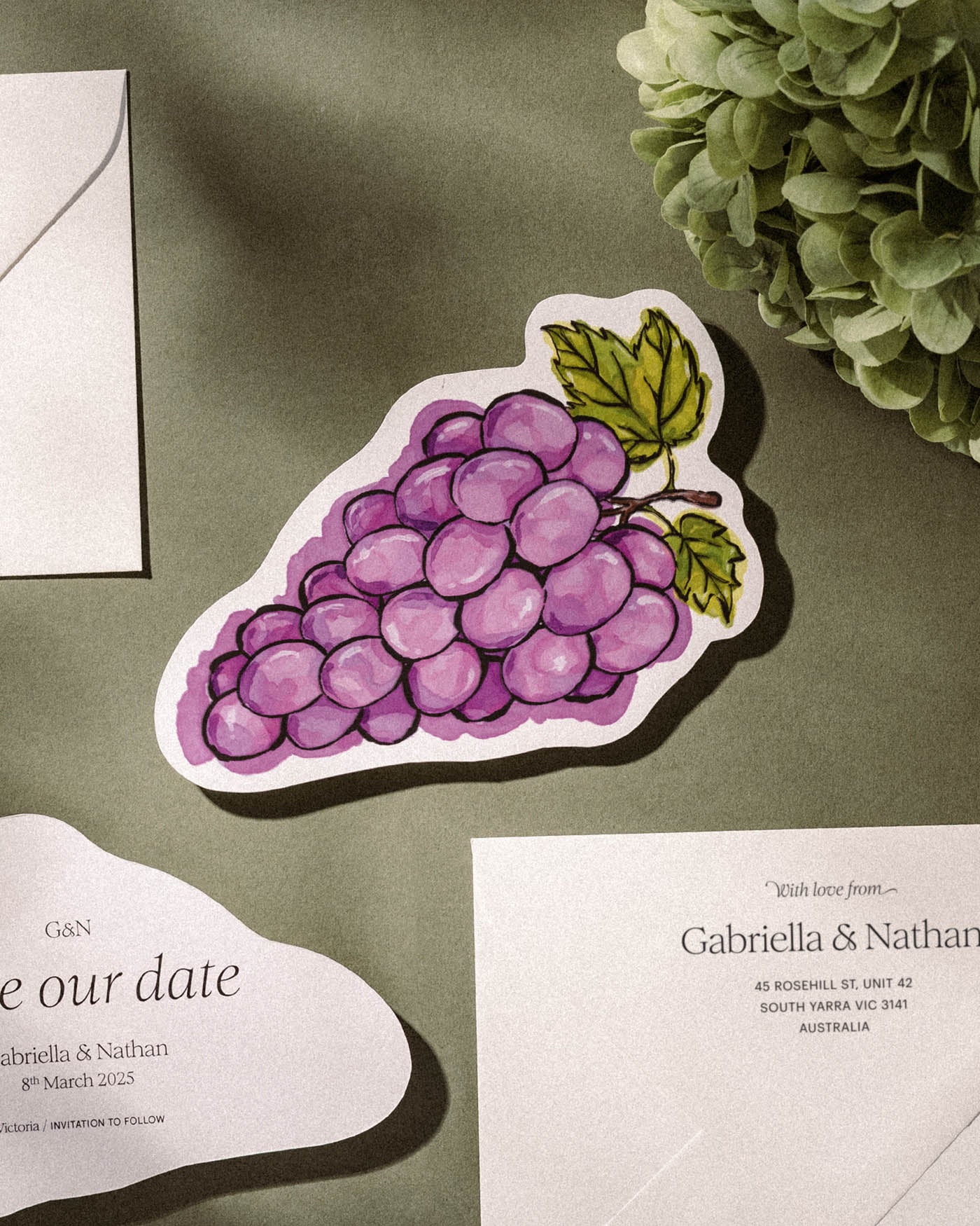 Ink Wash Grapes Save the Date styled photograph