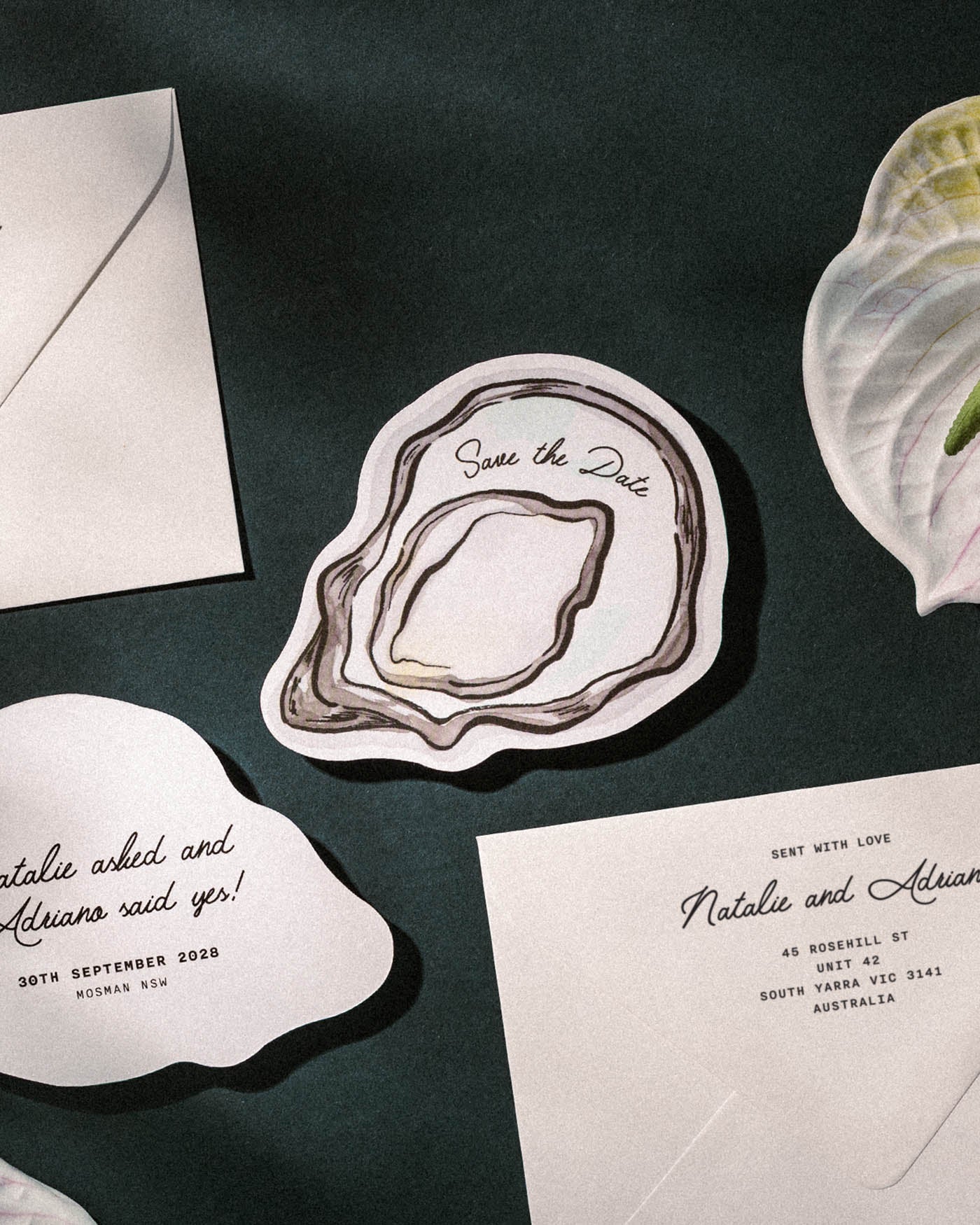 Ink Wash Oyster Save the Date styled photograph