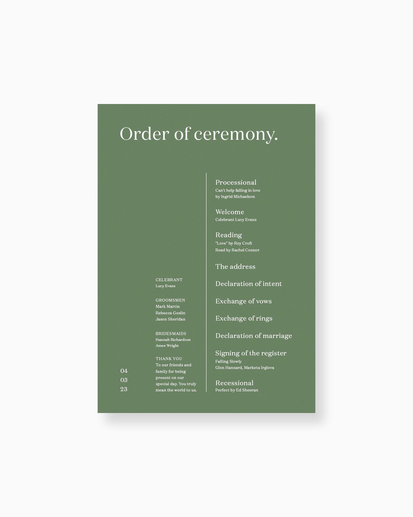 Peppermint Press On the Day Narrative Order of Service