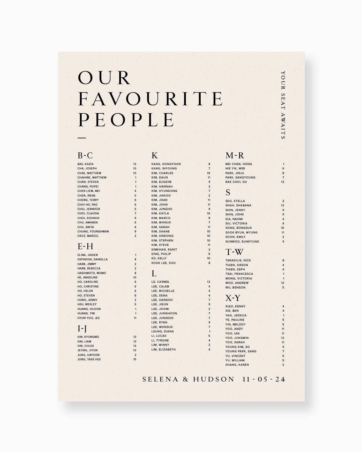 Peppermint Press On the Day Selena Seating Chart