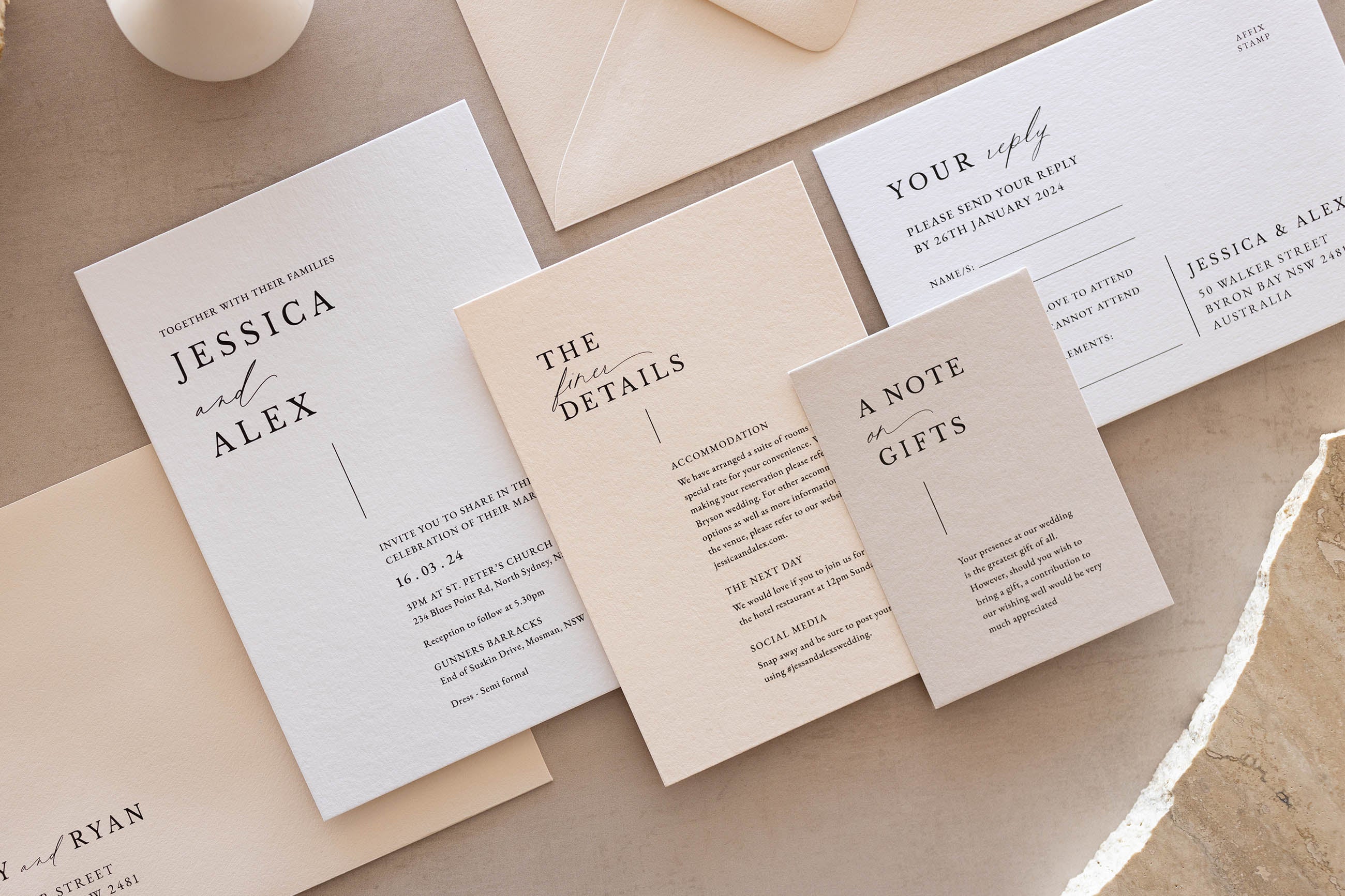 Milan invitation suite flat lay