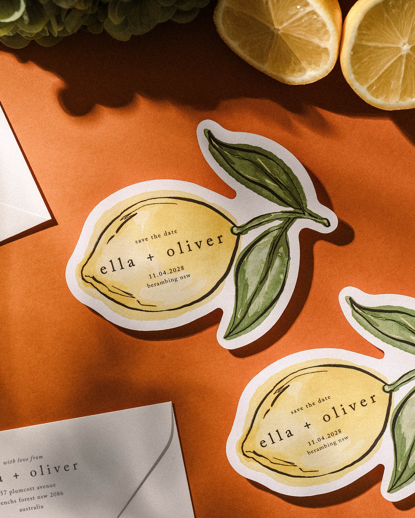 Ink Wash Lemon Save the Date styled photograph