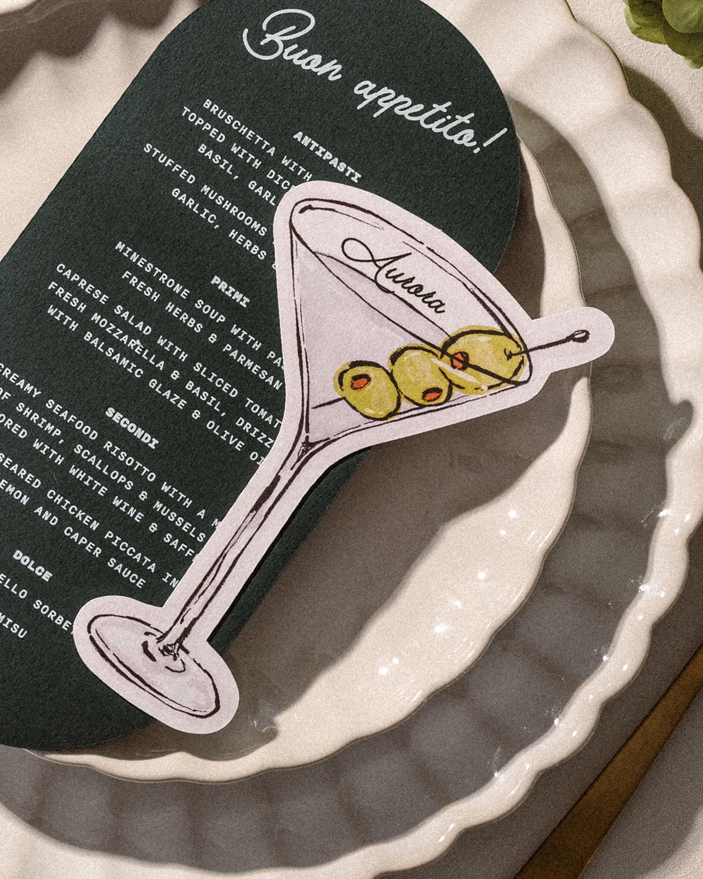 Ink Wash Olive Martini Place Card second styled photograph