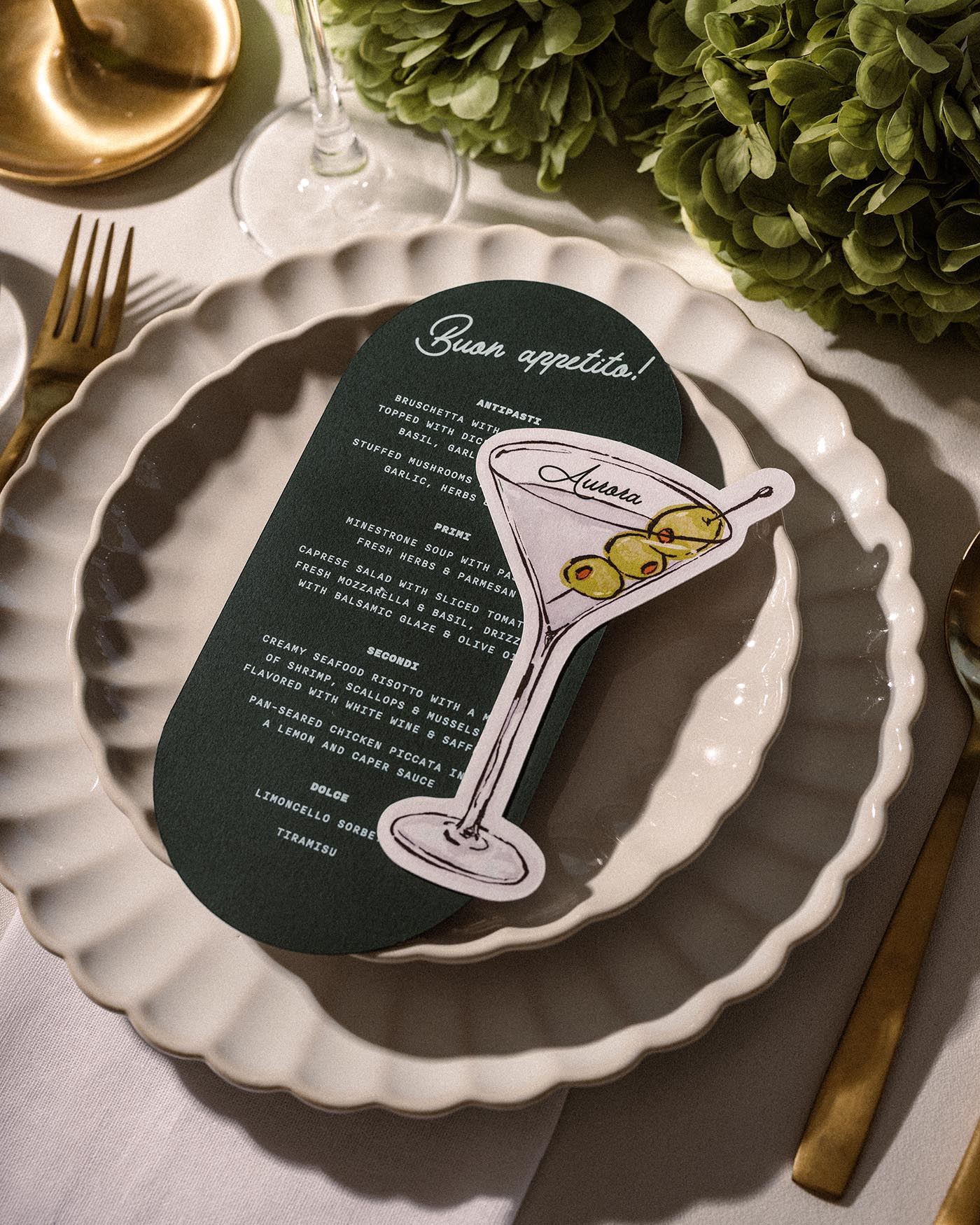 Ink Wash Olive Martini Place Card styled photograph