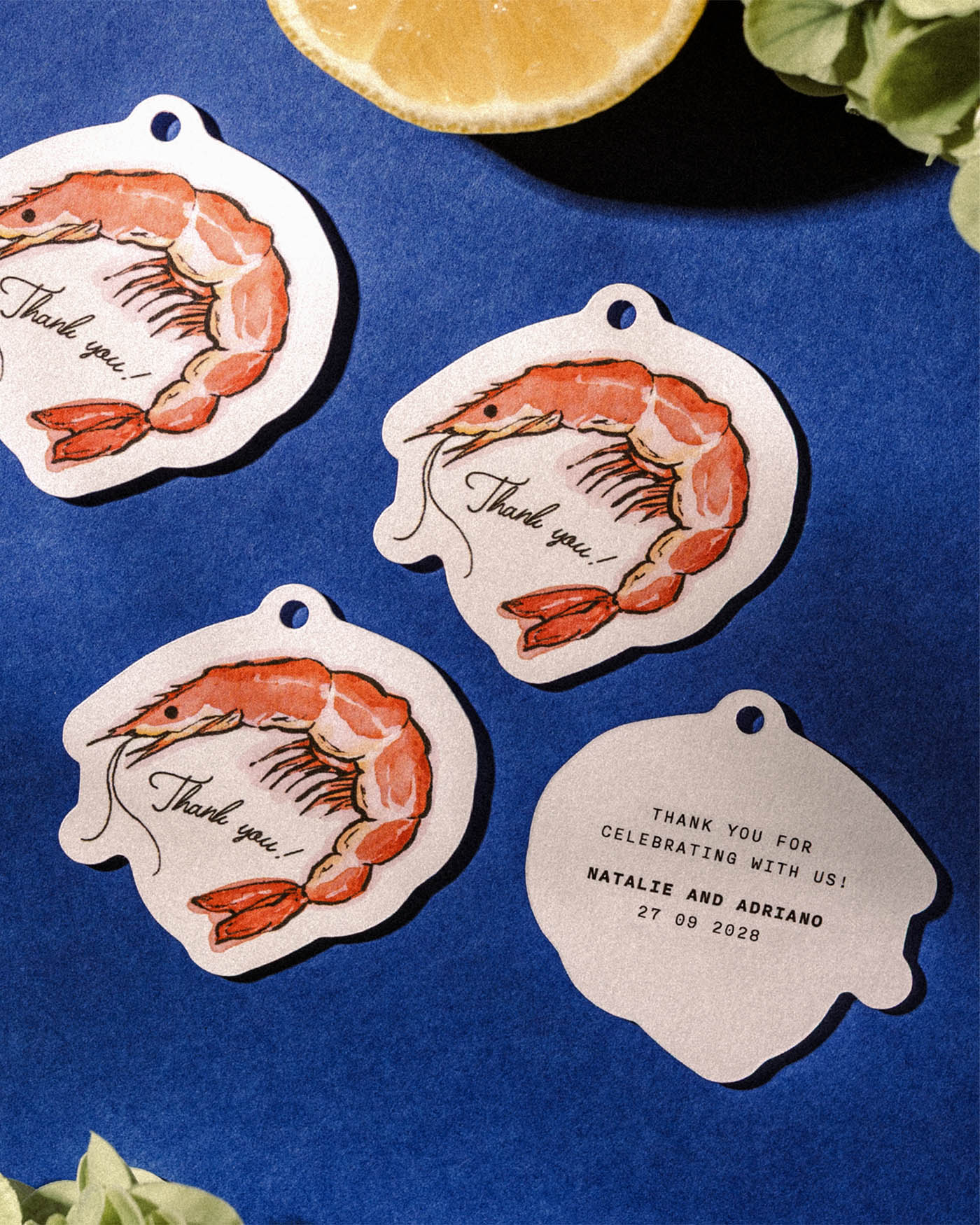 Ink Wash Prawn Favour Tag styled photograph