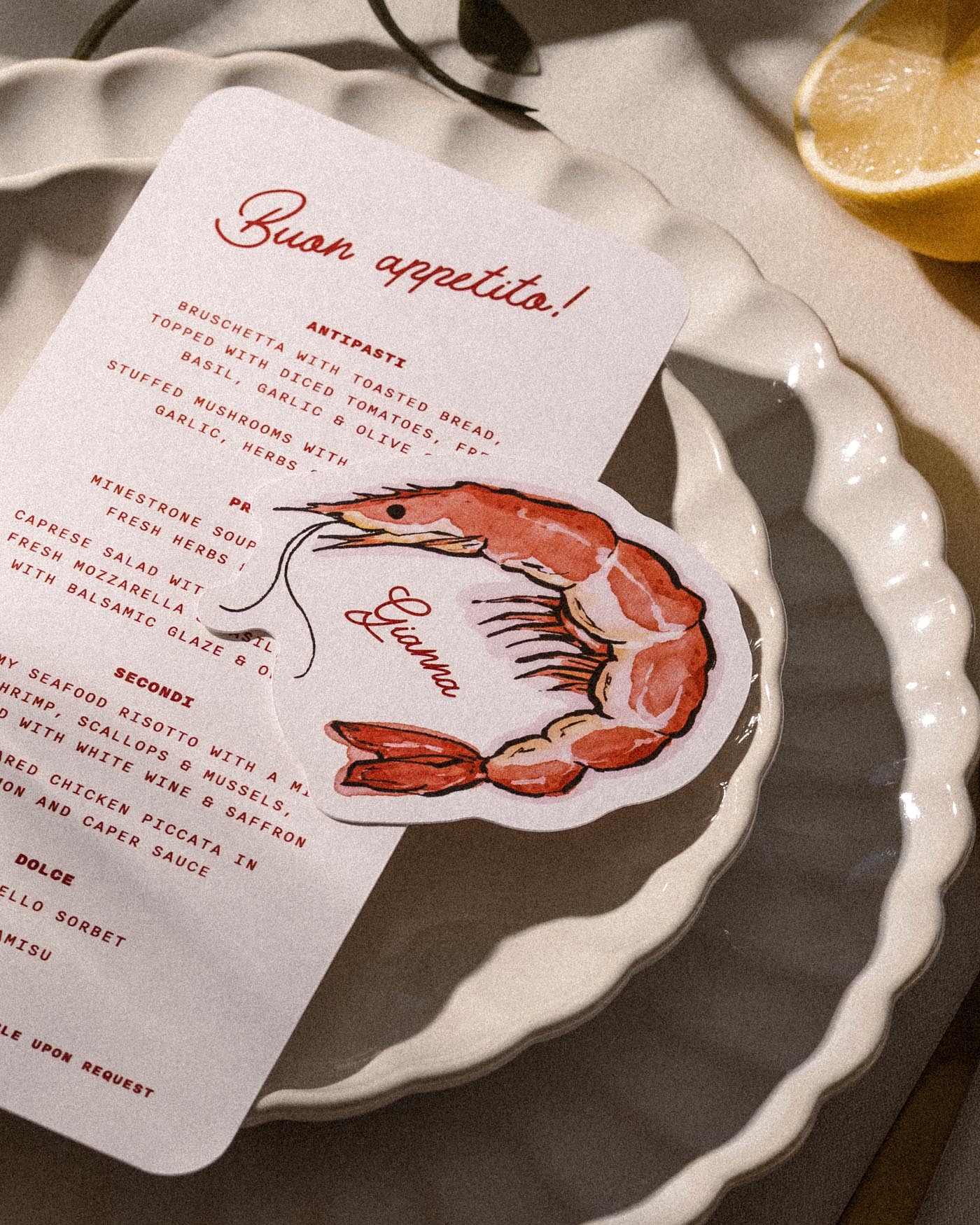 Ink Wash Prawn Place Card styled photograph