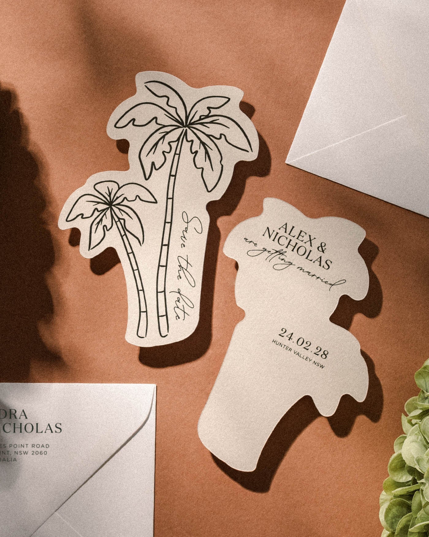 Minimal Palm Trees Save the Date styled photograph
