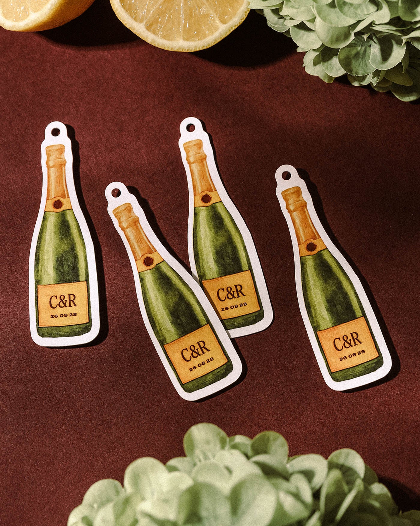 Watercolour Champagne Bottle Favour Tag styled photograph