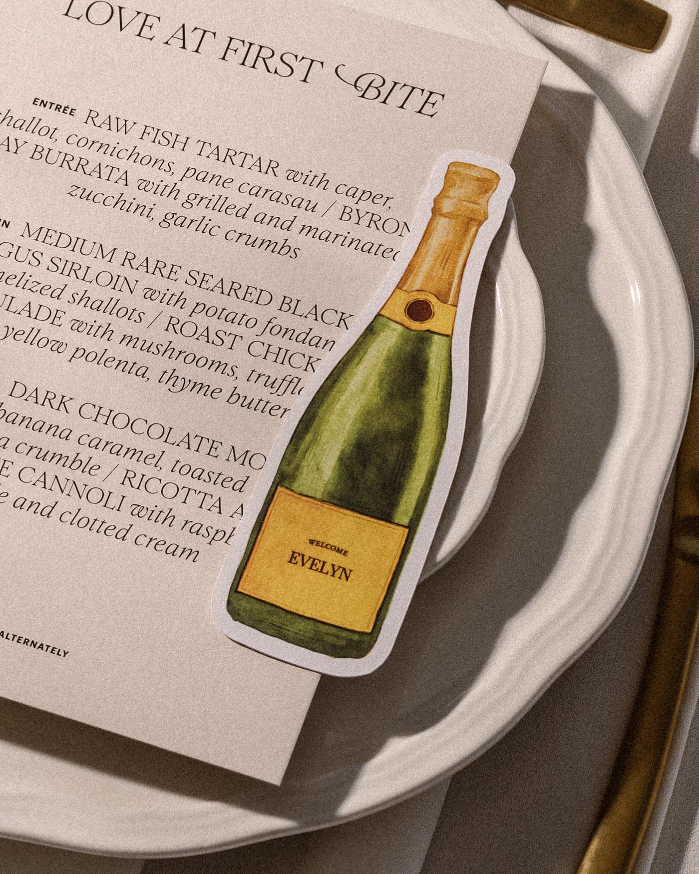 Watercolour Champagne Bottle Place Card second styled photograph