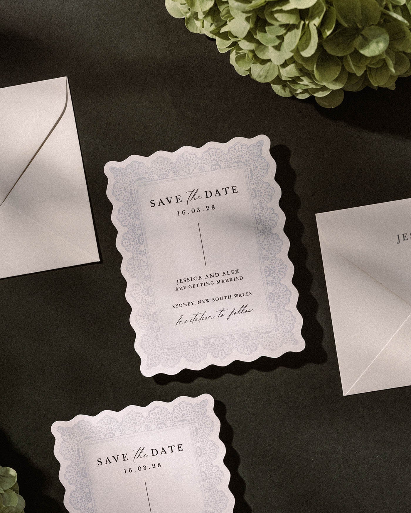 Watercolour Lace Save the Date styled photograph