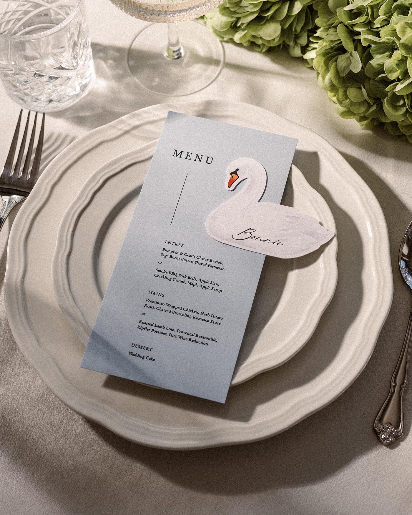 Watercolour Swan Place Card styled photograph
